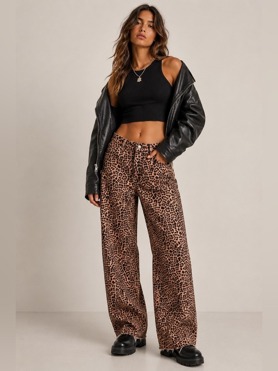 Zara Denim - Leopard Print Wide Leg Denim Pants